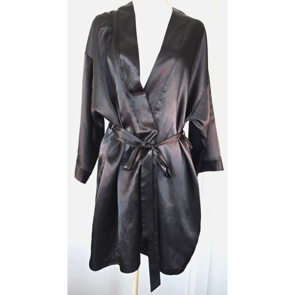 Vintage Black Satin Kimono Robe w/ Waist Stap Loop Pockets Dressing Gown Gothic
